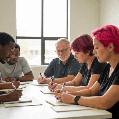 People collaborating at a community meeting, discussing health advocacy and making notes, diverse and engaged group, no text, no words, no typography, no labels, clean image