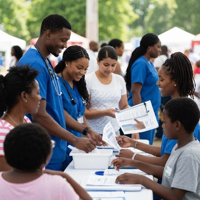 African American medical professionals engaging with community members at a health fair