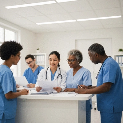 Diverse group of healthcare professionals collaborating, looking at charts, in a modern clinic setting