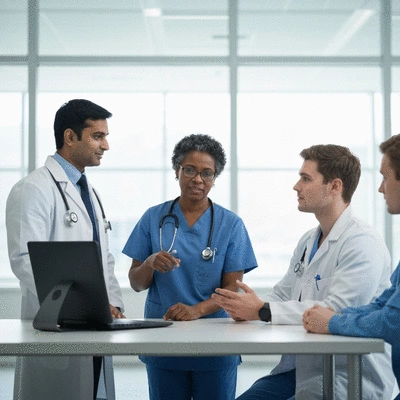 Diverse group of medical professionals collaborating, showing unity and discussion