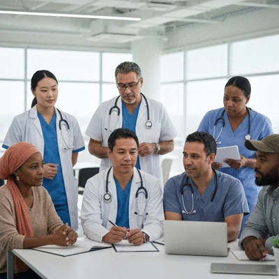 Diverse group of medical professionals and community leaders in a meeting discussing health outreach strategies, no text, no words, no typography, 8K