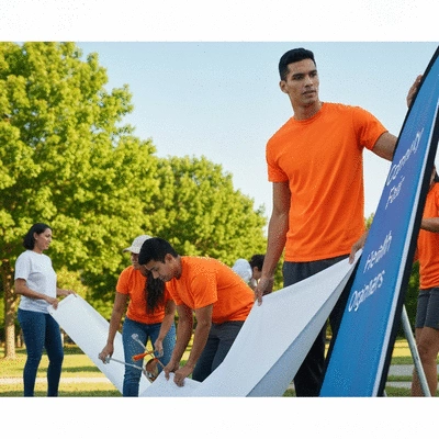 Volunteers and organizers setting up booths and banners for a community health fair