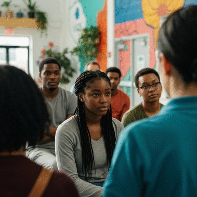 Diverse group of people in a community setting listening to a health worker, discussing diabetes prevention
