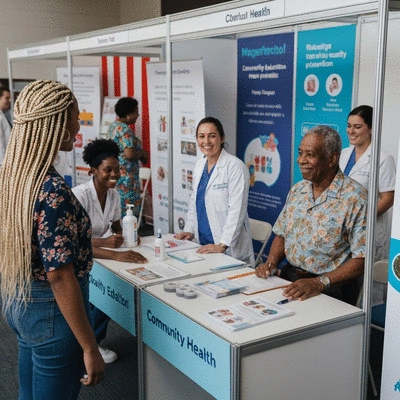 Diverse group of people at a community health fair, engaging with medical professionals and educational booths, bright and lively atmosphere, no text, no words, no typography, no labels, clean image