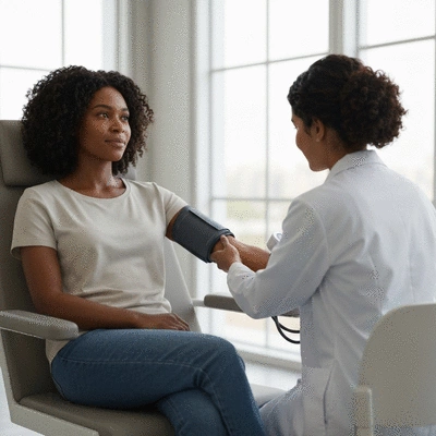 African American woman getting her blood pressure checked by a medical professional, clean environment, no text, no words, no typography