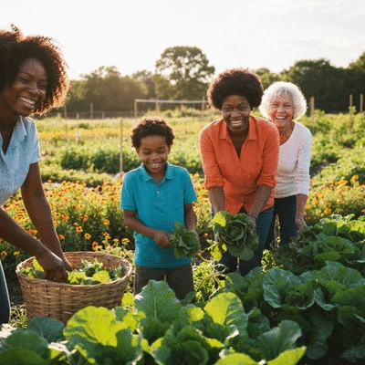 Diverse group of people in a community garden, harvesting fresh vegetables, representing healthy lifestyle choices, no text, no words, no typography