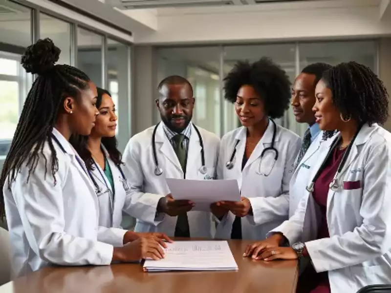 Diverse group of medical professionals advocating for health equity in a legislative setting