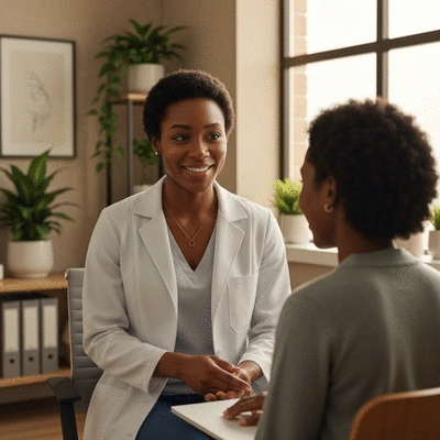 Black female doctor consulting with a patient, demonstrating empathy and understanding