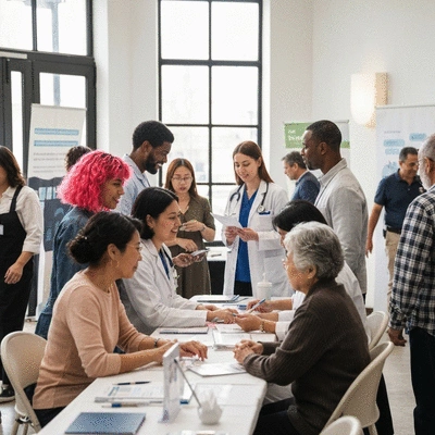 Community members gathered at a health fair, engaging with healthcare professionals and educational materials, diverse group