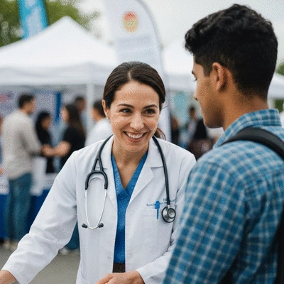 Medical professional engaging with diverse community members at a health fair