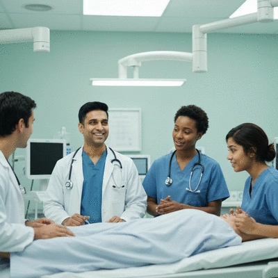 Diverse group of medical professionals collaborating in a modern hospital setting, representing health equity and advocacy