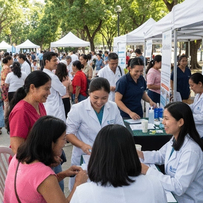 Community health fair, diverse people interacting with healthcare providers, outdoor setting, no text, no words, no typography, 8K
