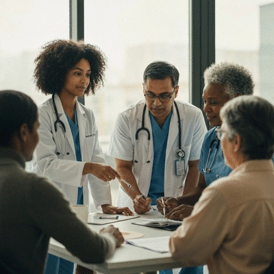 Diverse group of medical professionals collaborating in a modern clinic setting