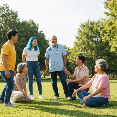 Community health worker engaging with diverse community members in a positive and supportive outdoor setting, no text, no words, no typography, 8K