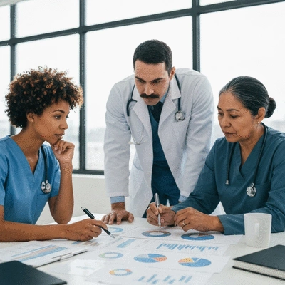Diverse group of healthcare professionals collaborating on health equity initiatives, no text, no words, no typography, clean image