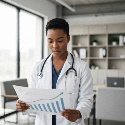 African American female physician looking at a growth chart, symbolizing career advancement and professional development