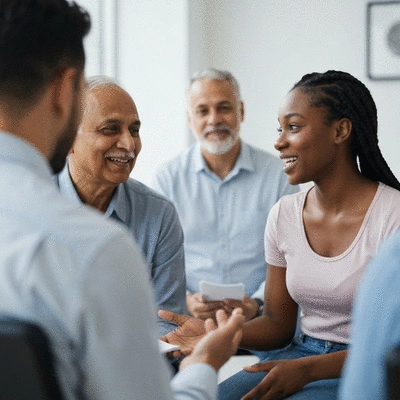 Diverse group of people in a support group meeting, showing empathy and connection