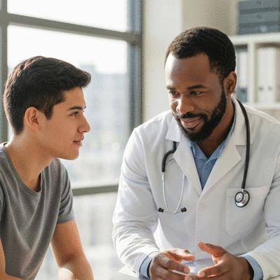 Black physician consulting with a diverse patient, emphasizing compassionate healthcare and community engagement