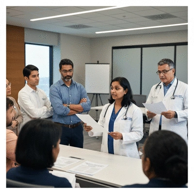 Medical professional explaining policy documents to a group, emphasizing health equity