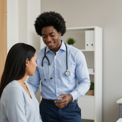Professional African American physician engaging with a patient in a caring and culturally competent manner, reflecting NMA's values