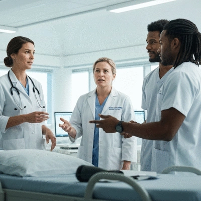 Diverse group of medical professionals collaborating in a modern hospital setting, focused on health equity