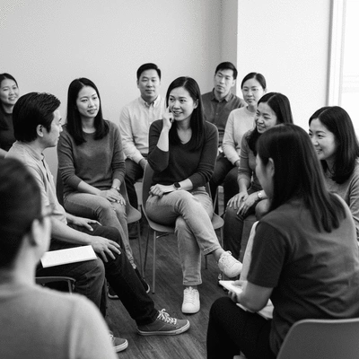 Diverse group of people in a mental health support group session, actively listening and sharing