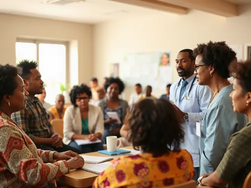 Community health workshop with diverse participants engaging in a discussion, representing health education