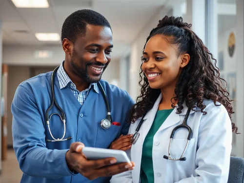 African American physician mentoring a younger medical student, symbolizing empowerment and growth